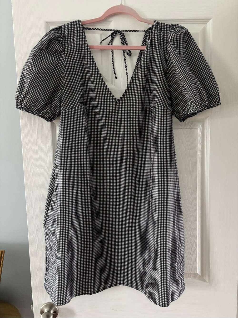 a new day Black & White Gingham V-Neck Puff Sleeve Mini Dress